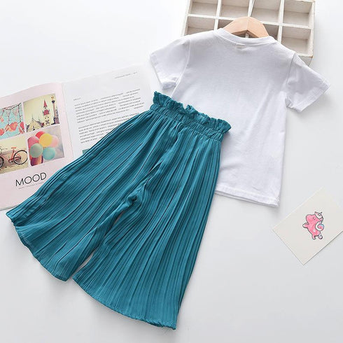 Girls Summer Sequined Unicorn Short Shirt Wide Leg Pants Set